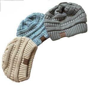 Lot of 3 C.C. Exclusives Knitted Beanie Hat Gray, Tan & Marled Light Blue Warm